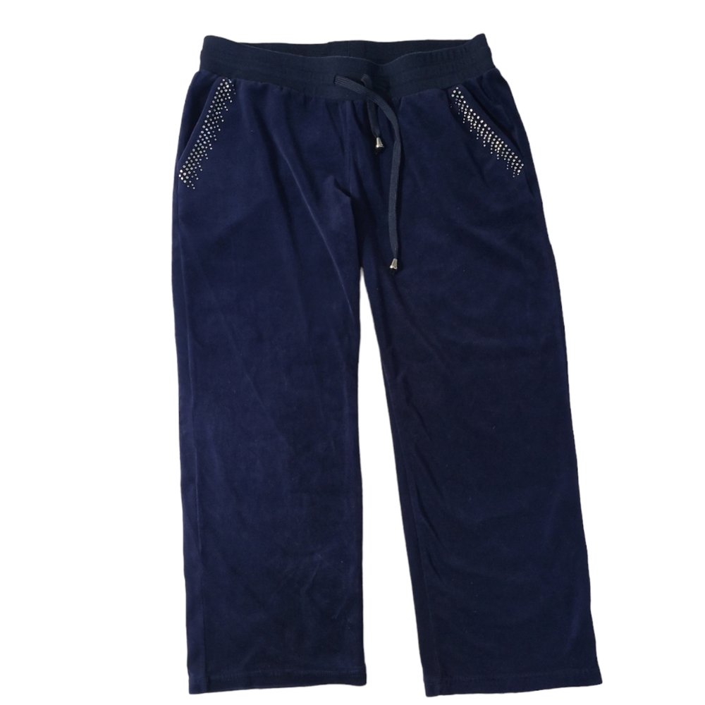 EUC NY Apparel navy blue velvet rhinestone straight leg track Jogger pant, XL